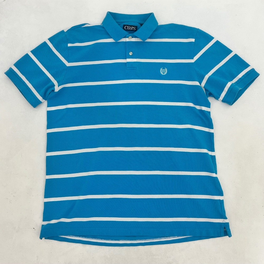 Chaps Mens Size L Polo Shirt Blue White Striped Short Sleeve Logo Summer Outdoor